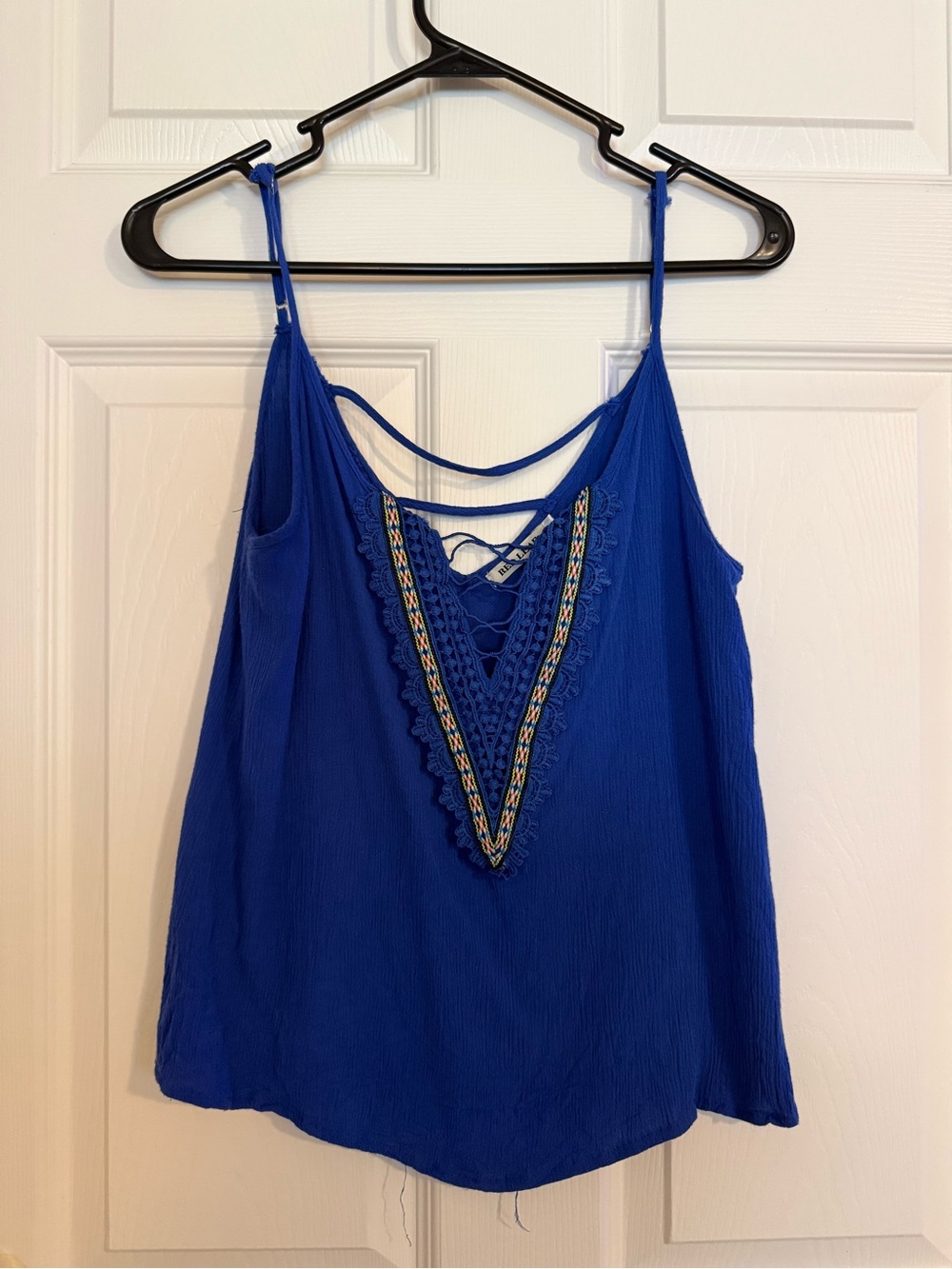 Blue Crochet-Trim Spaghetti Strap Tank Top